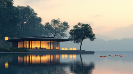 Obraz premium Serene lakeside pavilion at sunset, minimalist architecture, tranquil waters reflecting warm light, peaceful atmosphere.