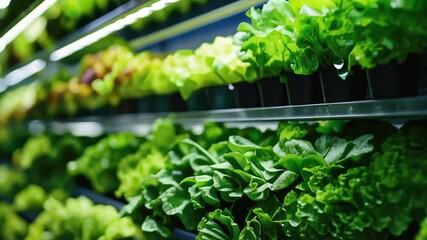 Fresh greens fill the shelves of a bustling urban market, showcasing a variety of lettuces and herbs. Lively colors and textures attract shoppers looking for quality produce