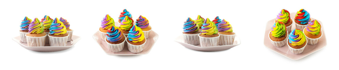 Yummy cupcakes with bright rainbow cream isolated on white, set