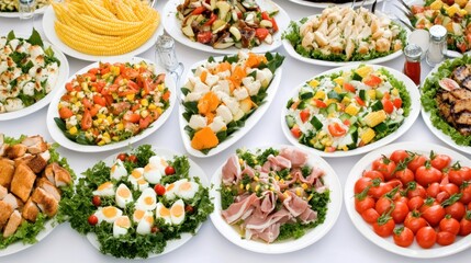 Buffet of assorted salads and appetizers on white tablecloths