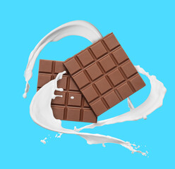 Yummy chocolate bars and splashes of milk in air on light blue background