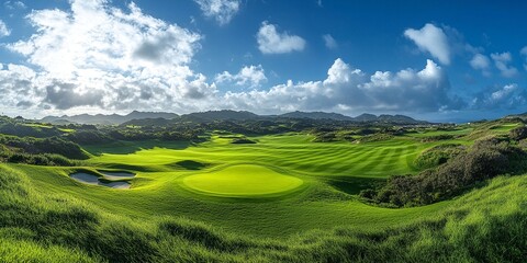 Obraz premium Stunning panoramic view of a lush green golf course under a vibrant blue sky. Rolling hills and a well-maintained fairway create a picturesque scene.