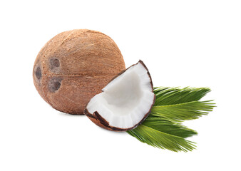 Fresh coconuts and green palm leaves isolated on white
