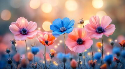 Beautiful Pink Blue Flowers Field Summer Nature Blossom Floral Soft Pastel Colors Magic Light Background Springtime Delicate Romantic Botanical Meadow