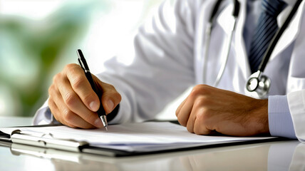 Doctor writing on a chart, a healthcare professional takes notes during a consultation or examination, wearing a white coat and stethoscope