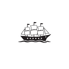Ship silhouette on white background. Ship icon. Boat logo. Vector illustration.