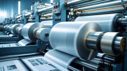 An industrial printing press quickly produces newspapers, showcasing automated mass production.