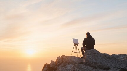 Naklejka premium Sunset sketching from a cliff's edge by an amateur artist