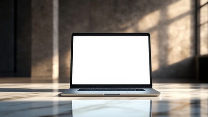 Fototapeta premium Modern laptop displays mockup blank screen on marble table indoors background