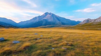 Fototapeta premium Majestic mountain range in golden meadow. Vast expanse of grassy plain beneath a towering peak. Tranquil and serene landscape