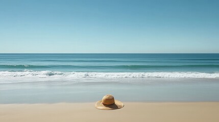 Obraz premium A clean beach scene with soft waves rolling in, a sun hat, and a pair of sunglasses placed casually on the sand, with the vast ocean and clear sky in the background.