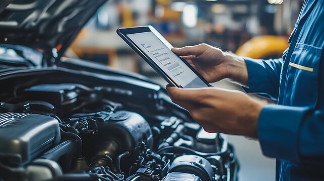 Automotive mechanic using tablet for car repair auto maintenance service check engine diagnostics inspection
