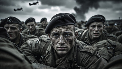 Fototapeta premium Intense image shows determined soldiers amidst battle, with planes overhead in a smoky sky.