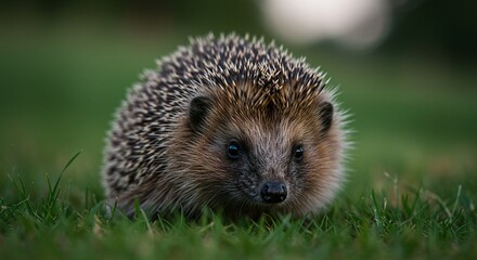 A cute hedgehog with spiky fur rests among the green grass