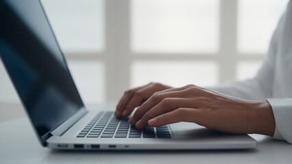 Person's hands type on laptop keyboard in office workspace using technology during day