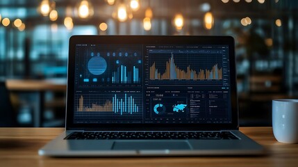 Data analysis dashboard on laptop screen showing charts graphs and business intelligence analytics information