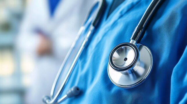 Highly detailed close up of stethoscope draped over doctors shoulder with a blurred medical background The lighting highlights the texture and professional aesthetic 32K full ultra HD high resolution