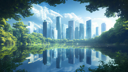 A futuristic hyper modern skyline of skyscrapers floating above a tranquil reflective lake surrounded by verdant nature creating a dreamlike. Dreamlike Growth. Illustration