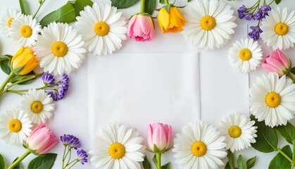 Obraz premium Floral arrangement with daisies and colorful flowers on white background