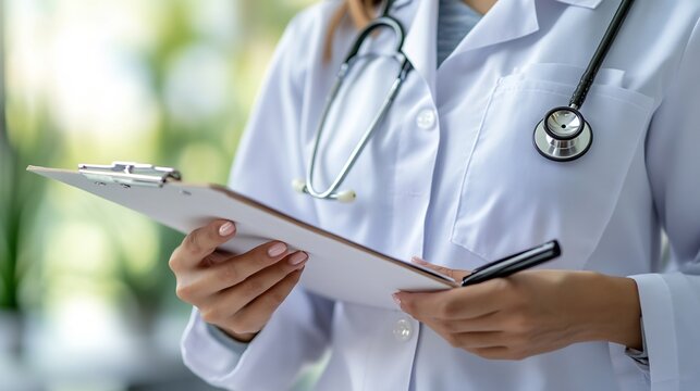 Professional close up of female doctor wearing white lab coat stethoscope holding clipboard pen background softly blurred focusing hand upper torso create professional clean look 32K full ultra HD