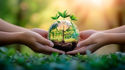 Hands holding earth globe with tree and plants environment nature conservation ecology sustainability