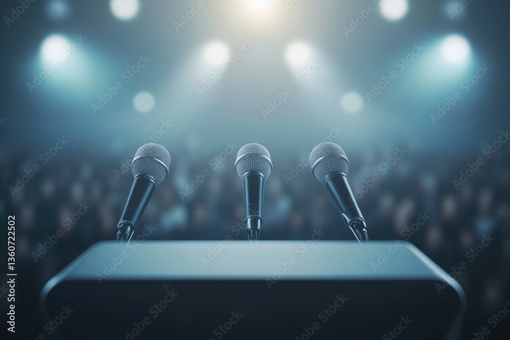 Poster modern political podium with microphones in spotlight during a crucial speech event in front of an e