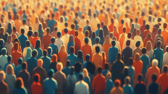 Diverse crowd of people in vibrant colors seen from behind