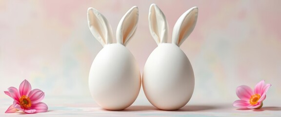 Two white eggs with bunny ears, pastel background, celebratory, sweet, white