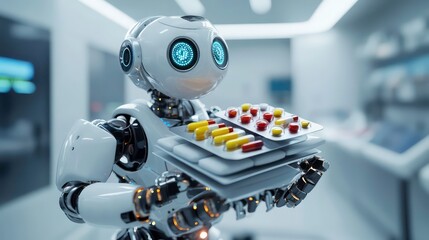 Medical robot carries medication tray in clinic. Modern robot delivers colorful pills in sterile white facility. Hospital tech handles meds. Futuristic tech for healthcare. Automation in modern