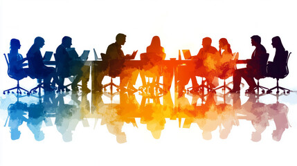 Group of diverse professionals engaged in a collaborative business meeting with laptops and discussions around a long table in a bright office space.