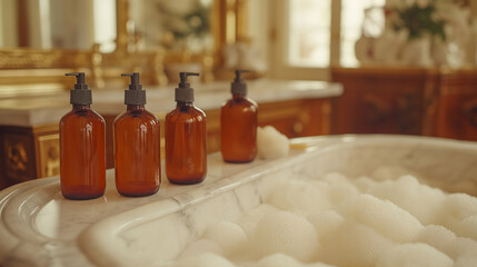 Elegant Marble Bathtub with Foam and Amber Soap Bottles.