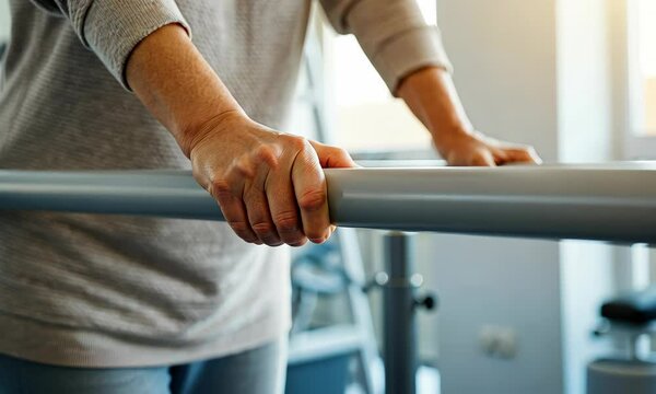 Close-up of person exercising with parallel bars during physiotherapy session in gym