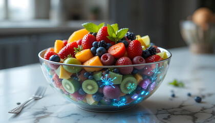 This AI-generated image features a colorful fruit salad arranged with geometric precision in a smart kitchen bowl that tracks freshness and nutritional value through embedded sensors.
