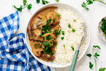 Beef Stroganoff with rice..Traditional Russian dish