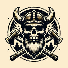 A vector illustration of a vintage Viking emblem with a colorful skull in tattoo style, featuring a grunge texture. This EPS10 logo is perfect for use in clothing design, print materials, or tattoos w