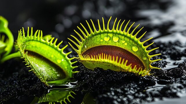 Neon green Venus flytrap monochrome swamp water droplets on carnivorous leaves