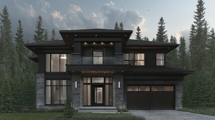 Modern architecture residence, forest background. Selling design