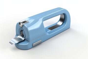 A light blue stapler placed on a clean desk surface in a well-lit workspace setting