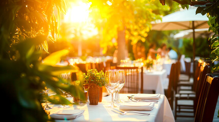 Obraz premium Golden light bathes a beautiful outdoor dining setting with white tablecloths, wine glasses, and greenery creating a warm, inviting ambiance.