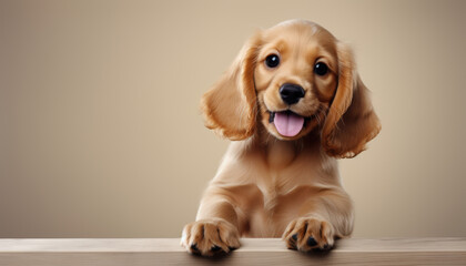 Cachorro de perro Cocker Spaniel dorado feliz alegre con lengua afuera, orejas caídas, ojos brillantes,  pelaje esponjoso. Escena Adorable conmovedora, alegría, compañía de mascota, espacio de copia. 
