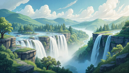 Fototapeta premium Serene Waterfalls Cascading Down Lush Green Mountains 
