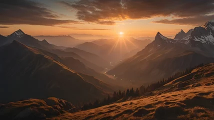 Foto auf Acrylglas Hotel 4K Mountain Landscape at Sunset – Golden Light Over Scenic Peaks and Valleys, morning, Wallper, Background, Textures   © DreamPixels Studio