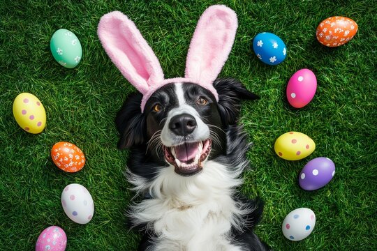 Easter eggs encircle a dog that is happy and wearing bunny ears