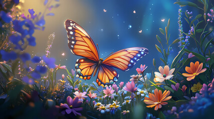 Elegant butterfly display in a vibrant floral garden environment. Butterfly Awakening. Illustration