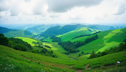 Naklejka premium Lush green hills under cloudy sky