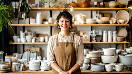Smiling ceramic shop owner proudly presents handmade tableware. Natural light highlights the beauty of her artisanal creations.