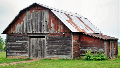 Obraz premium Rustic red wooden barn against grassy field