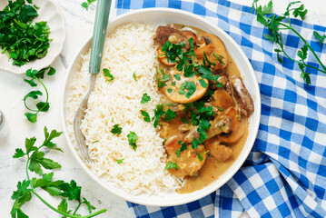 Beef Stroganoff with rice..Traditional Russian dish