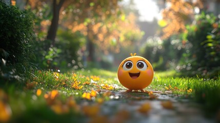 Joyful orange character walking on autumn path.