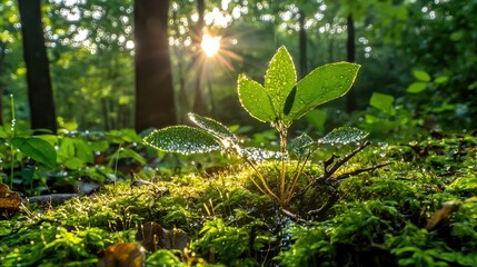 Obraz premium Dew-covered moss glistening in soft, diffused morning light deep in a woodland sanctuary.